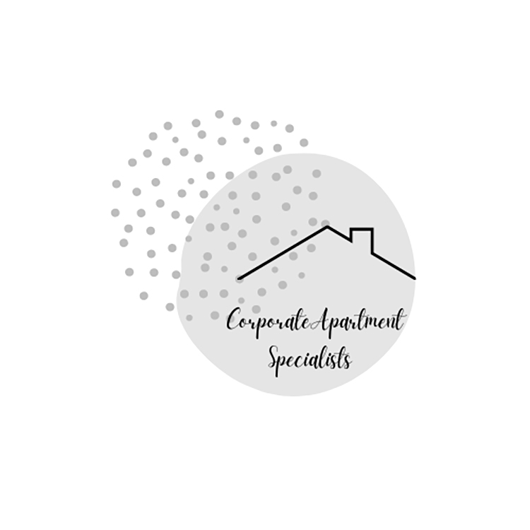 Corporate Apartment Specialists Logo consists of an outline of a roof in a circle and dots in a circle shape