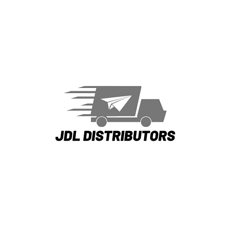 JDL Distributors logo featuring a stylized truck with movement lines coming out the rear and a paper airplane on the side of the truck