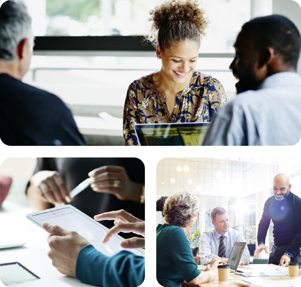 Trio of images featuring: 1) Three professionals in a meeting, a woman with curly hair smiling at a laptop screen while two men listen, 2) A business meeting in a bright office, with professionals analyzing documents and discussing around a table, and 3) Close-up of hands using a tablet in a business meeting setting, with other participants partially visible in the background.