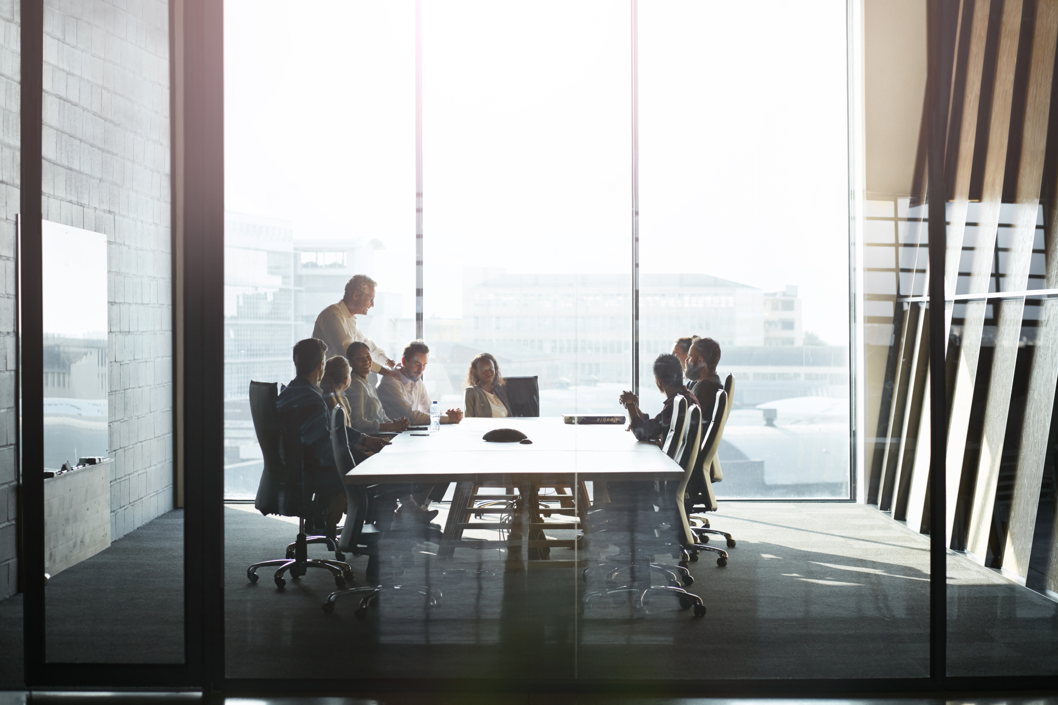 Business professionals in a meeting around a conference table in a bright, sunlit office with large windows.