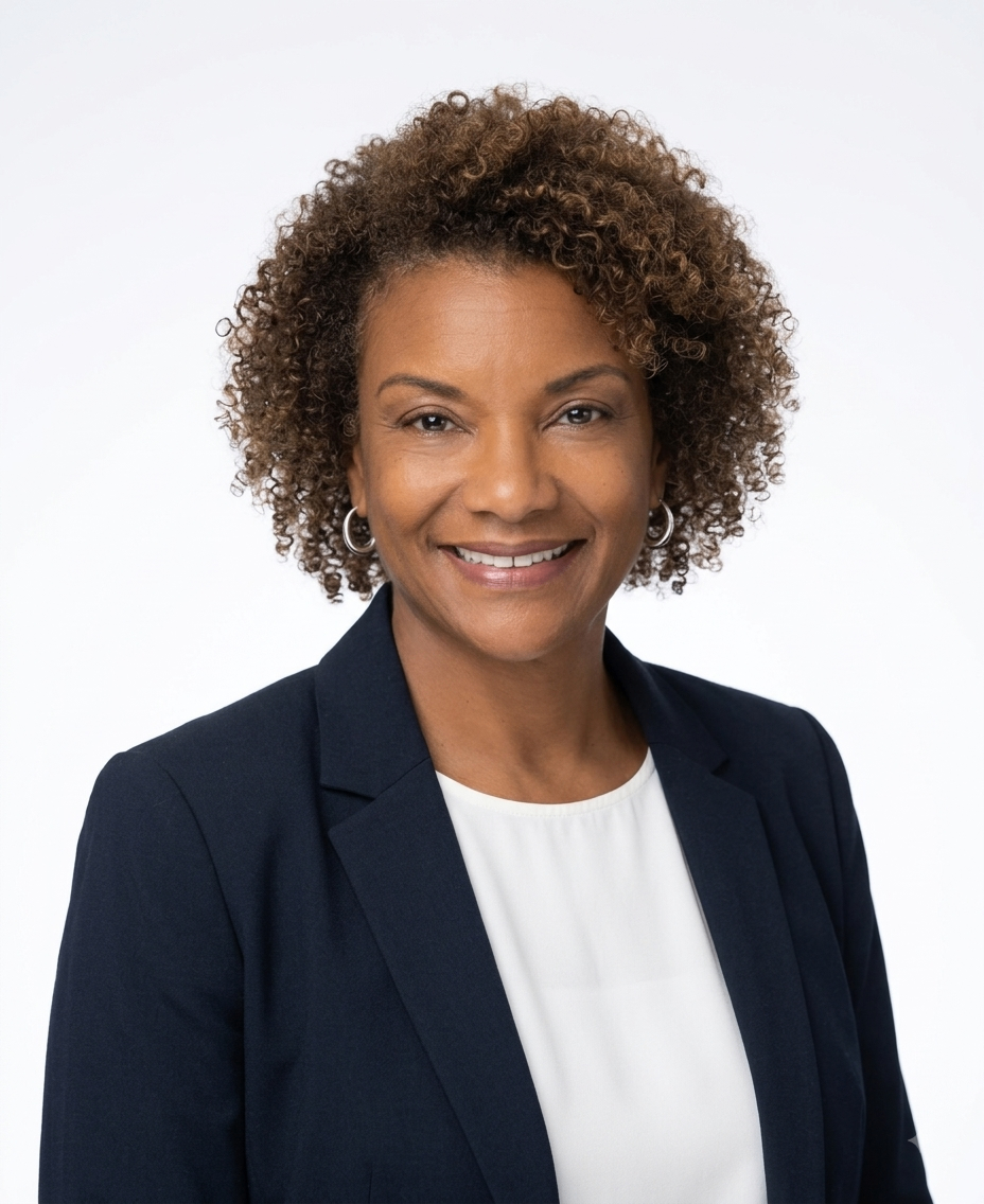 Portrait of a smiling woman with curly hair wearing a blazer and a light blue shirt, with a blurred cityscape background.
