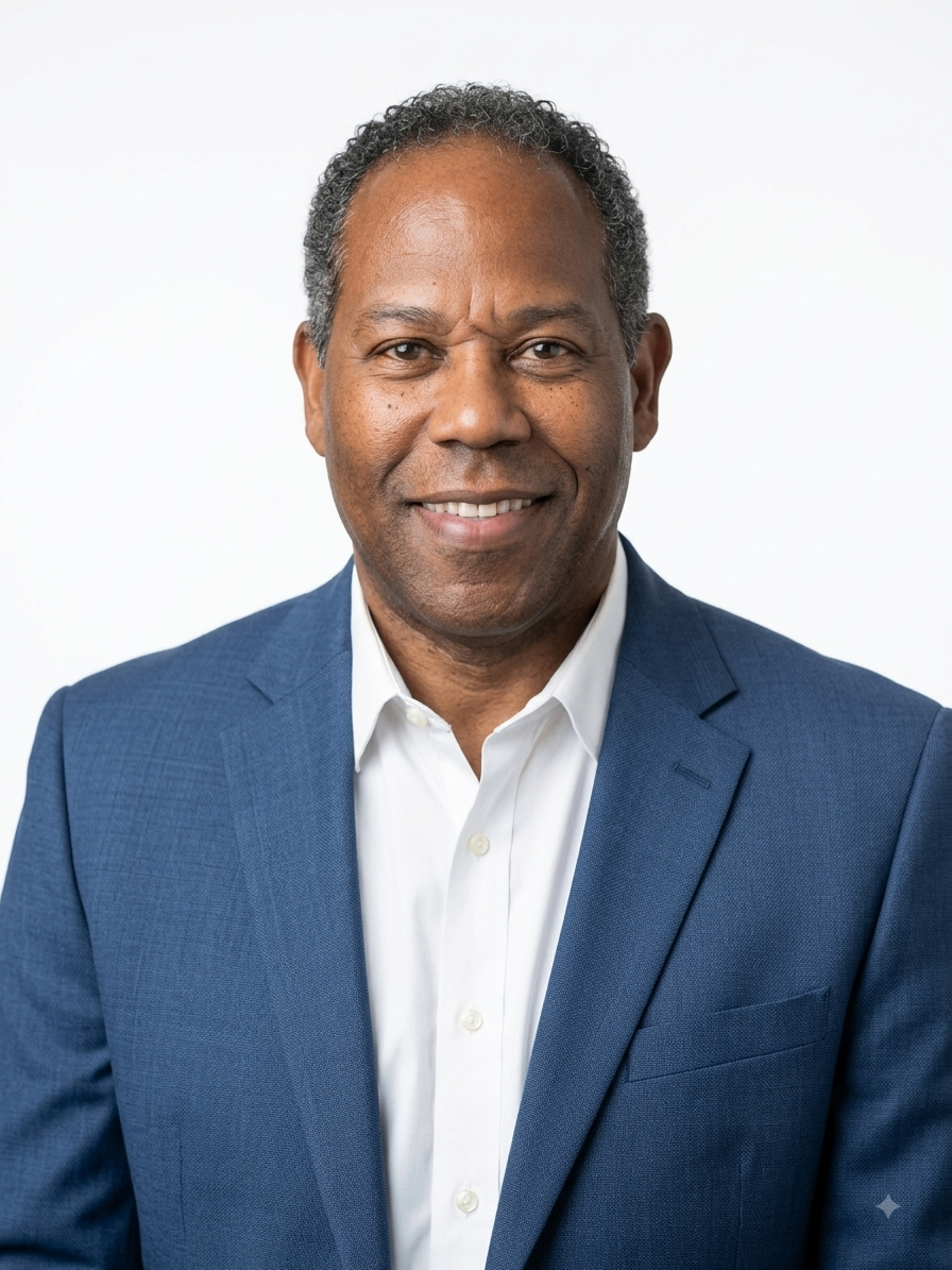 A professional portrait of a smiling man in a suit and tie with a blurred natural background.