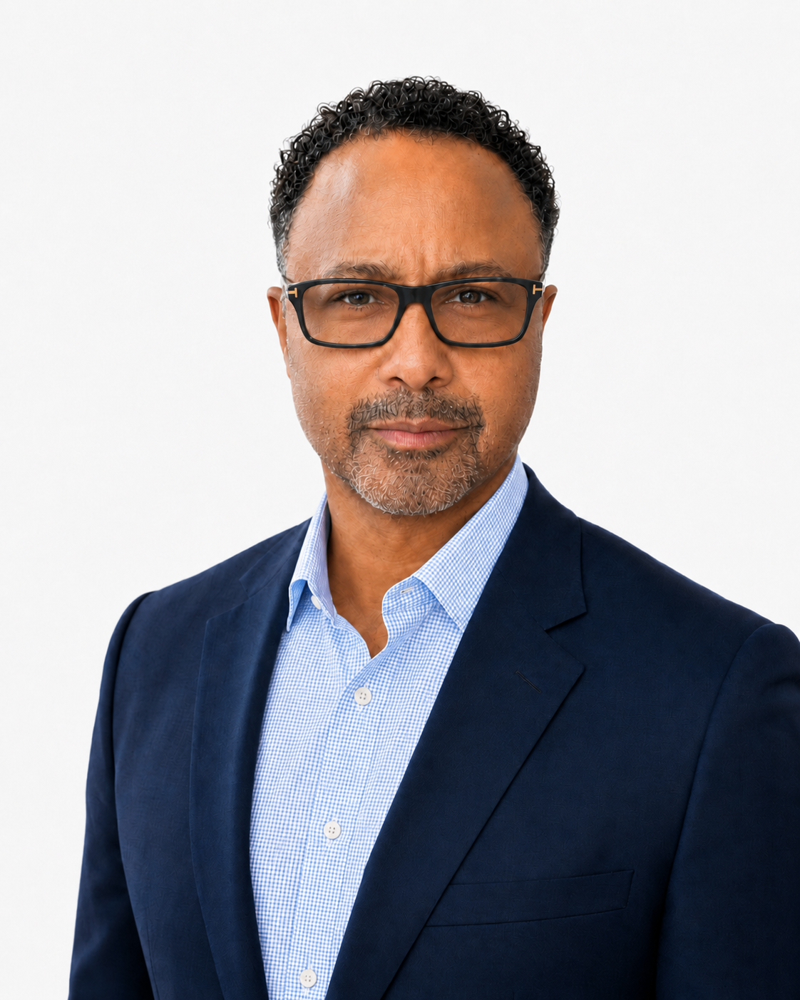 A professional headshot of a middle-aged man with glasses, wearing a blue suit jacket over a white shirt, standing outdoors with blurred city background.

